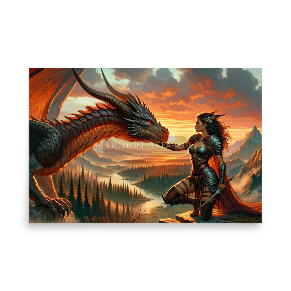 "Warrior and Dragon at Sunset" Epic Fantasy Poster