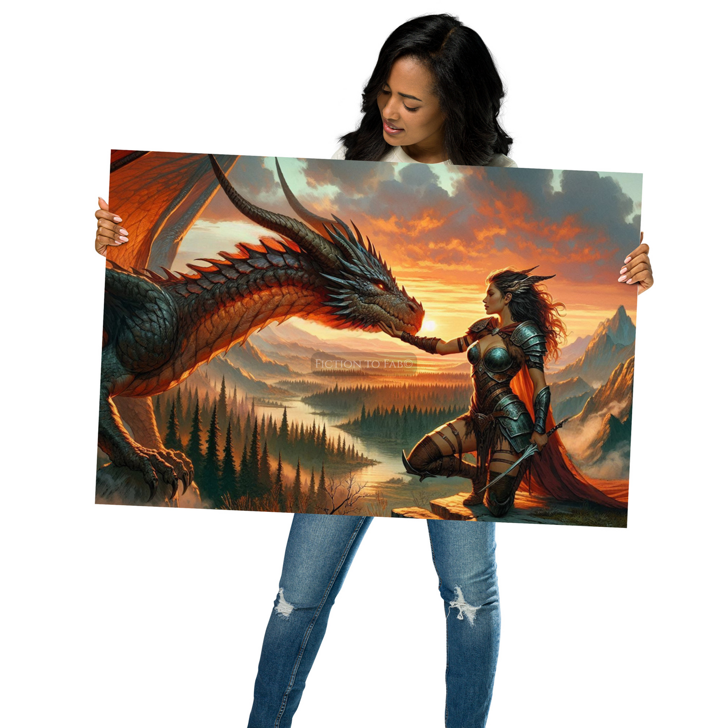 "Warrior and Dragon at Sunset" Epic Fantasy Poster