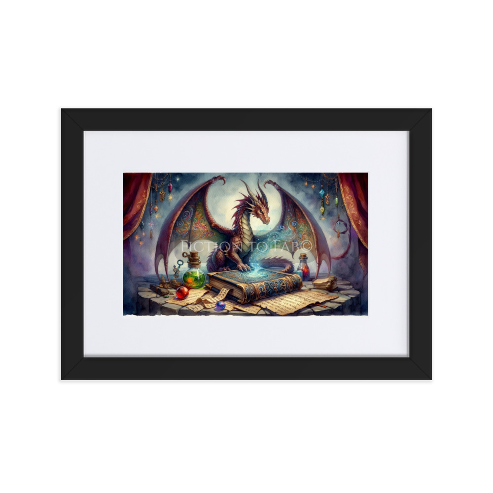 "Mystic Spellbook Guardian" Watercolor Dragon Framed Poster