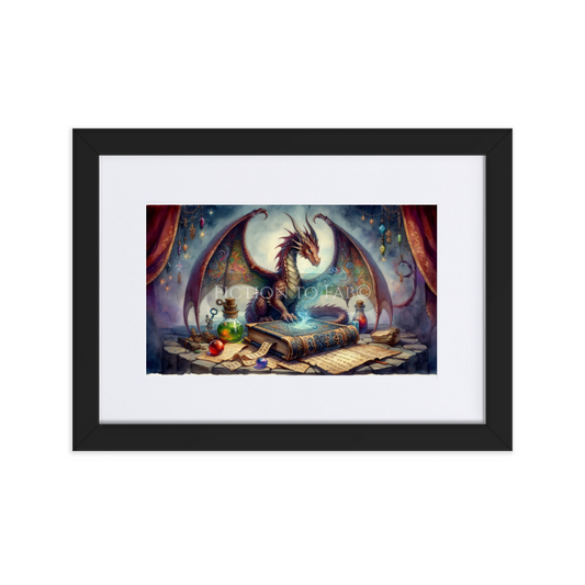 "Mystic Spellbook Guardian" Watercolor Dragon Framed Poster