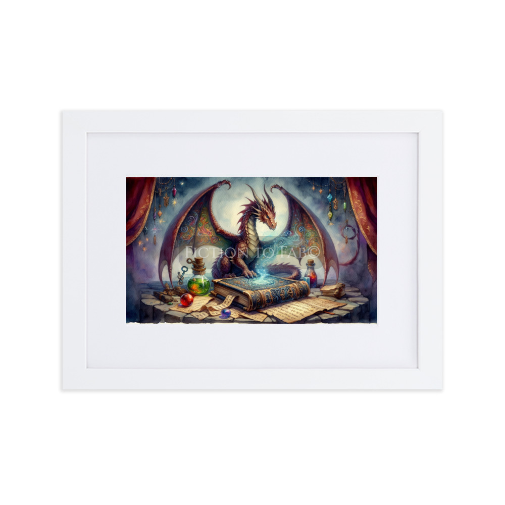 "Mystic Spellbook Guardian" Watercolor Dragon Framed Poster